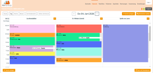 Screenshot der Tierarztsoftware inBehandlung mit Tageskalender, der Termine dreier Mitarbeiter farblich nach Behandlungsart sortiert zeigt.