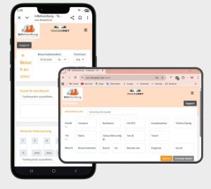 Zwei Geräte zeigen die Tierarztsoftware inBehandlung – links die mobile Besuchsdokumentation, rechts die Desktop-Patientensuche mit Filterfeldern.