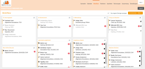 Screenshot des Workflow-Boards der Tierarztsoftware inBehandlung mit Spalten für geplante, wartende und abgeschlossene Behandlungen.